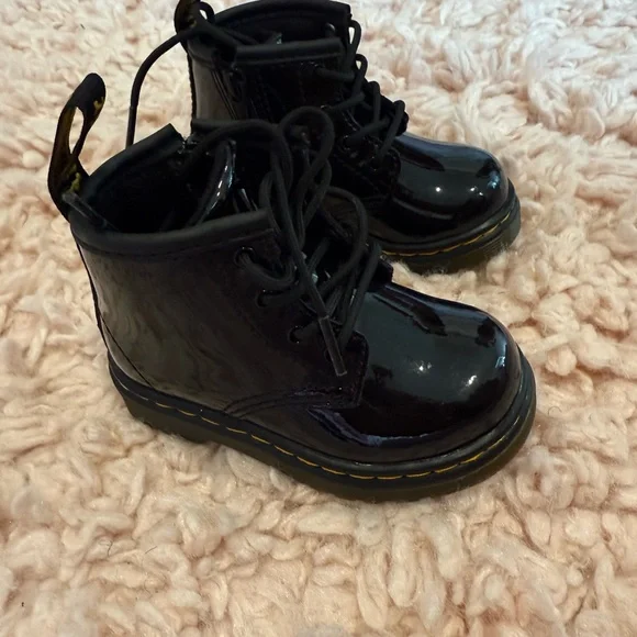 Dr. Martens Toddler Black Patent Lace-Up Boots with Yellow Stitching
