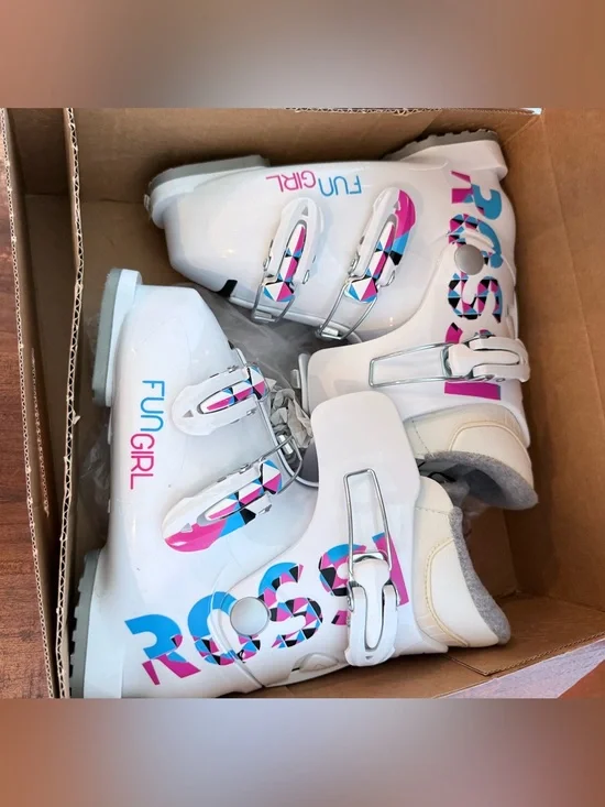 Rossignol White Kids Ski Boots with Pink & Blue Accents