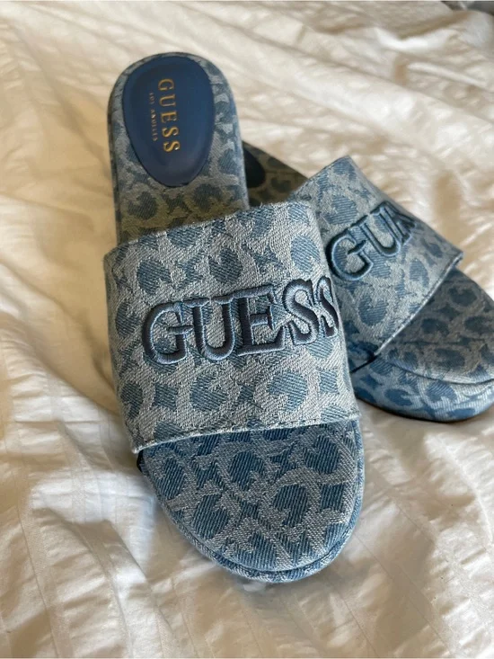 Guess Denim Logo Slide Sandals - Light Blue