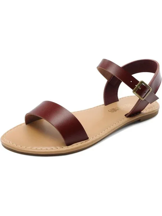Women's Brown Pu Ankle Strap Flat Sandal Open Toe One Band Buckle Summer Sandals