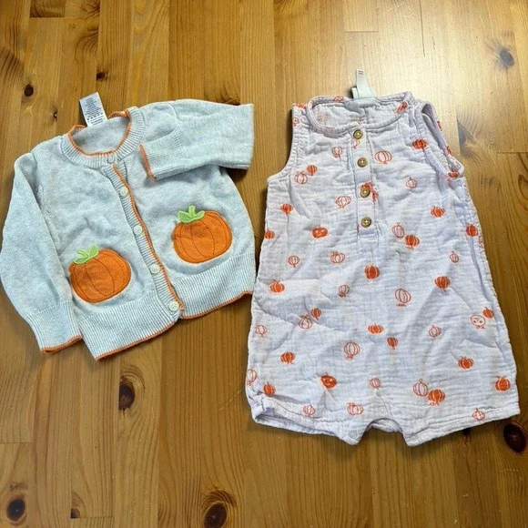 Vintage Gymboree Pumpkin Cardigan & Cat & Jack Muslin Pumpkin Romper Size 12-18M