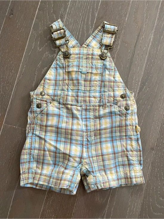Gymboree 2007 Plaid Short Overalls in Yellow and Blue