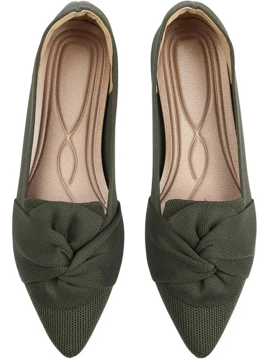 Women's Green Pointed Toe Ballet Flats with Bow Comfortable Knit Dressy Shoes