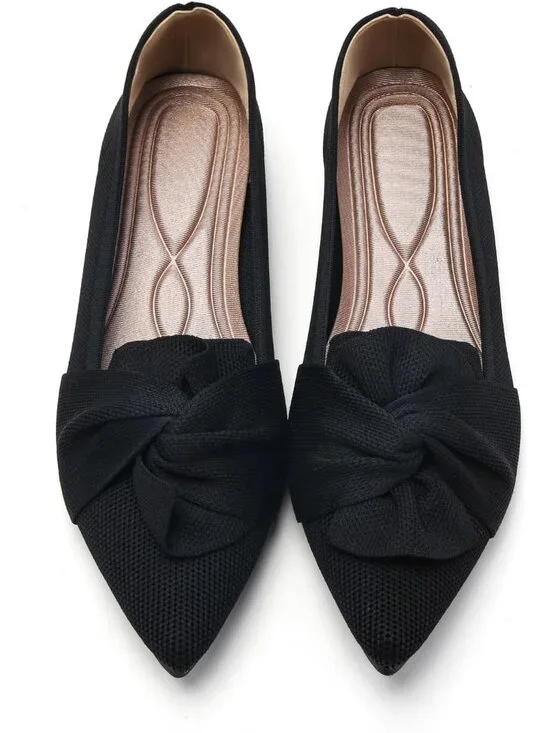 Women's Black Pointed Toe Ballet Flats with Bow Comfortable Knit Dressy Shoes