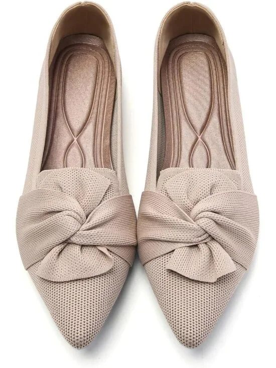 Women's Beige Pointed Toe Ballet Flats with Bow Comfortable Knit Dressy Shoes