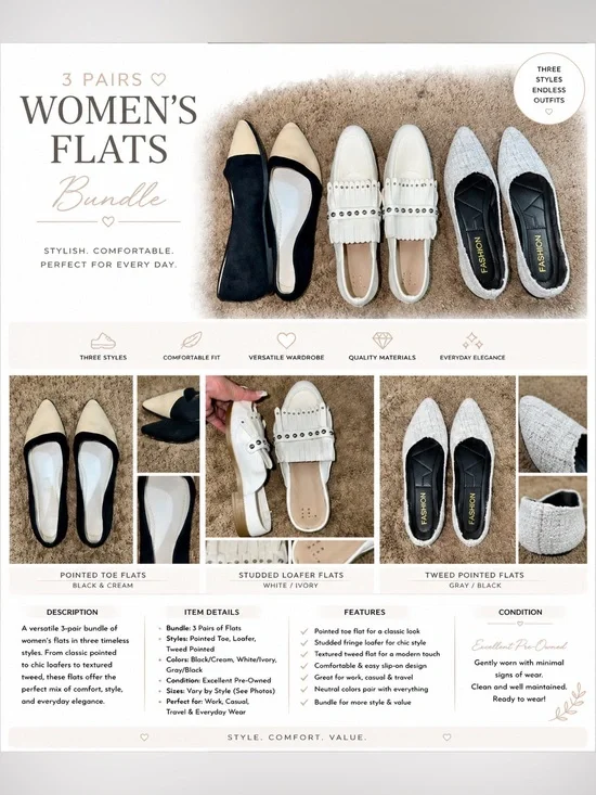 3-Pair Women's Flats Bundle — Black & Cream, White/Ivory, Gray/Black