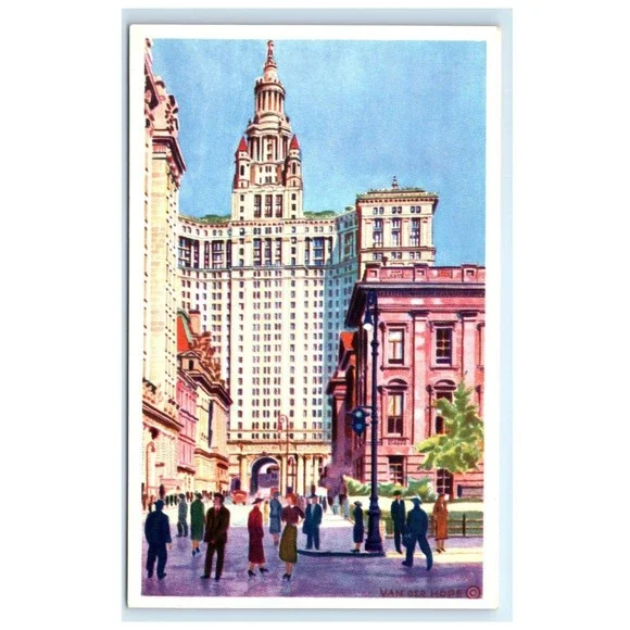 VTG Postcard Municipal Building Watercolor Marcus A‎ Van Der Hope New York City