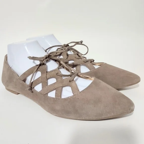 Nine West Shoes Leather 9M Taupe Beige Ballet Flats Pointed Toe‎ Suede Lace Up