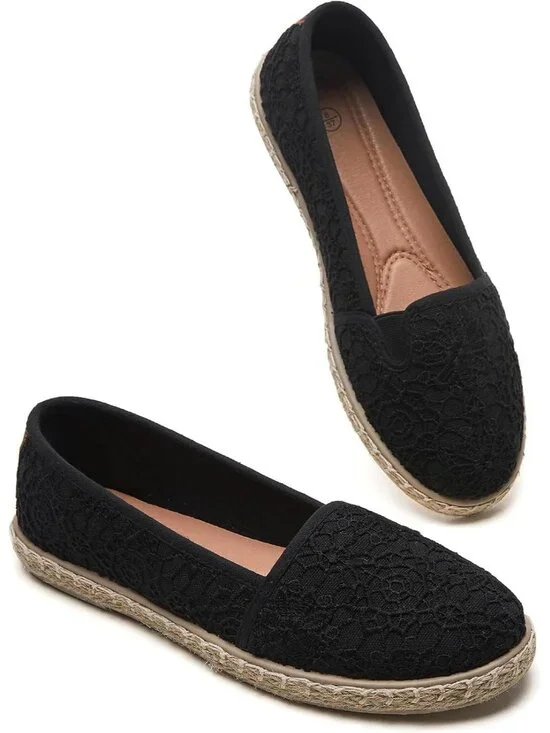 Women's Black Rubber Flower Embroidered Comfortable Round Toe Casual Ballet Flat