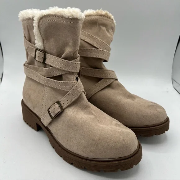 Steve‎ Madden Girls J-Gadot Taupe Ankle Boots Sz 4 Big Kid Faux Fur Biker Straps