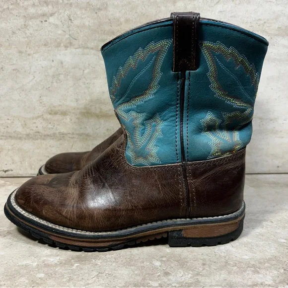 Rocky Kids Western Boots Brown Leather Teal Blue Stitched Square Toe Pull‎ On