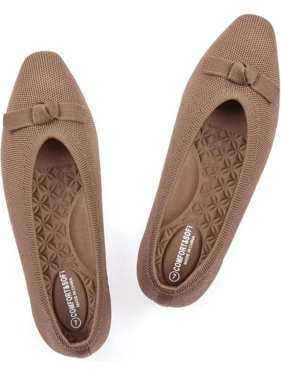 Frank Mully Women's Brown Solid Rubber Knit Squared Toe Bow Slip On Ballet Flats