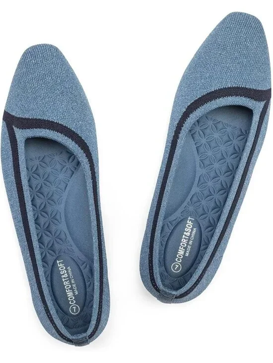 Frank Mully Women's Blue Rubber Knitted Square Toe Comfortable Slip On Flats