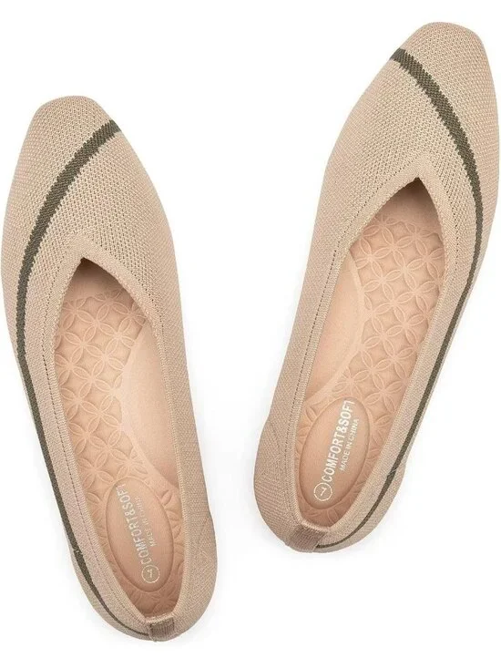 Frank Mully Women's Camel Rubber Knitted Square Toe Comfortable Slip On Flats