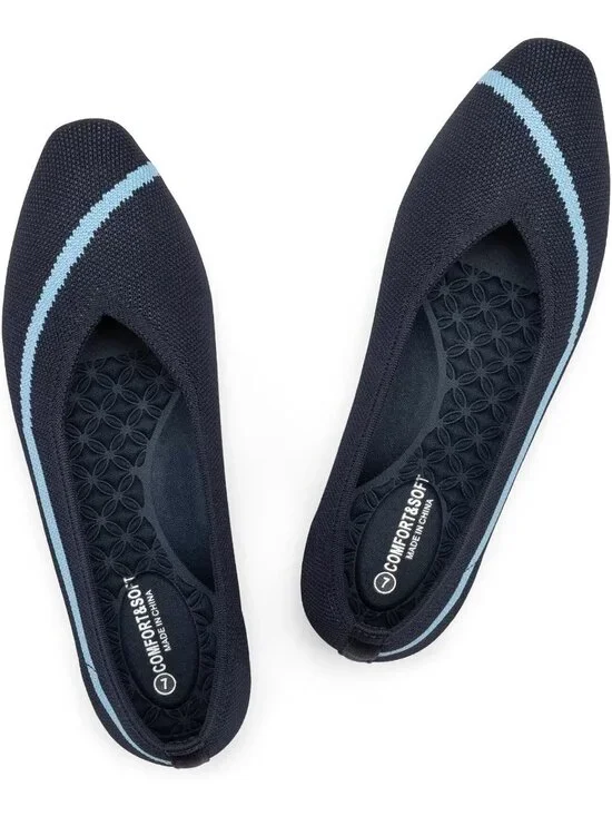 Frank Mully Women's Blue Rubber Knitted Square Toe Comfortable Slip On Flats
