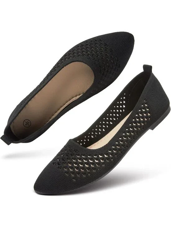 Women's Black Comfortable  Knit Pointed Toe Slip On Business Casual Ballet Flats