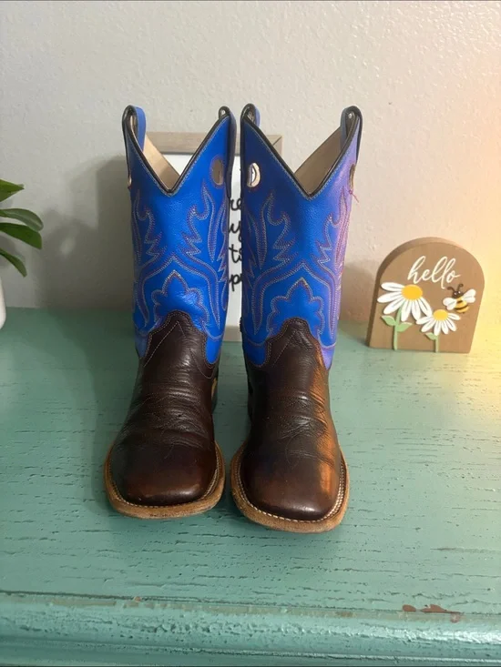 Brown Leather Cowboy Boots with Bright Blue Embroidered Shafts