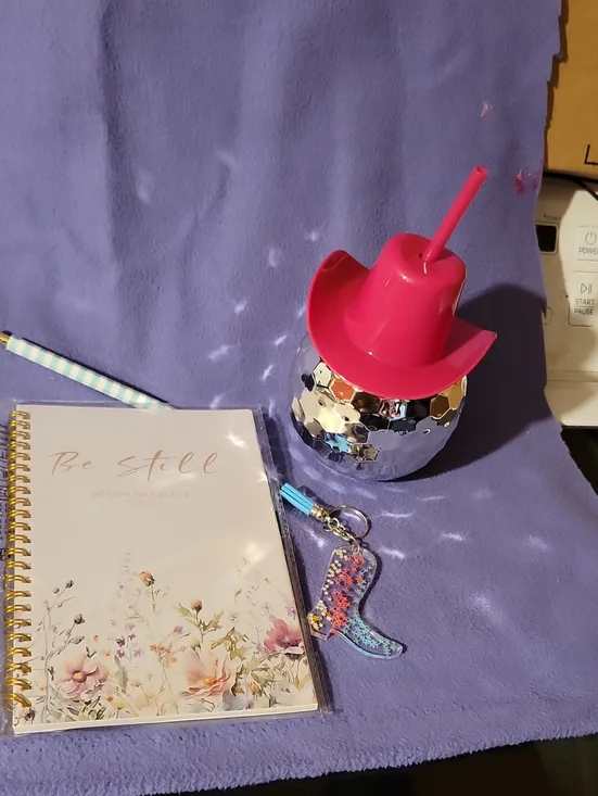 Pink Cowboy Hat Tumbler with Silver Disco Base, Boot Key Ring, Notebook & Pen