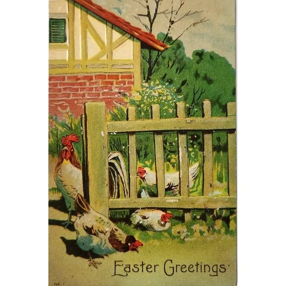 Rooster Chicken Easter Greetings Fenced Farmhouse‎ Embossed Postcard