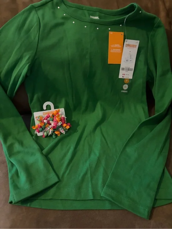 NWOT Gymboree Girls' Green LS Top with Jewel Accents and Matching Hair Clip