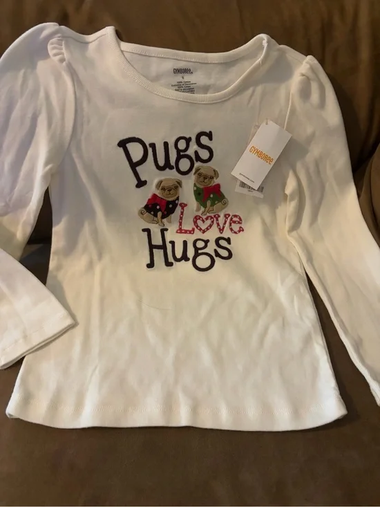 NWOT Gymboree White Long-Sleeve 'Pugs Love Hugs' Tee with Embroidered Pugs
