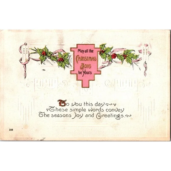 Vintage 1914 Embossed‎ Christmas Postcard with Holly & Gold Lettering