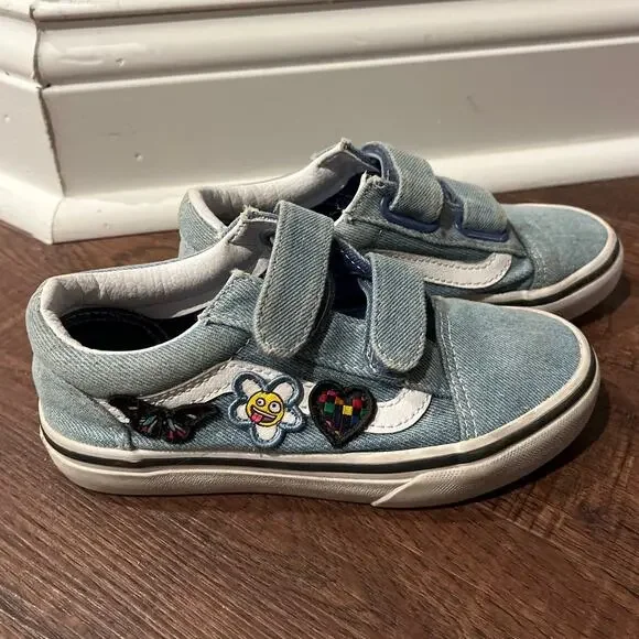 Vans Kids Old School V Denim Blue Floral patch sneakers Little Girls 13