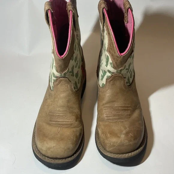 Ariat Youth Girls Cactus Print Brown Leather Round Toe Western Boots (Size 3)