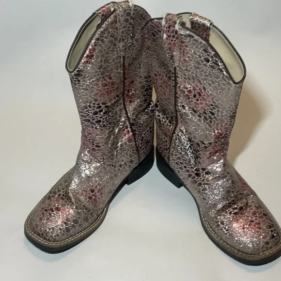 Old West Girls Size 3 D Pink Glitter Shimmery Snake Print Western Cowboy Boots