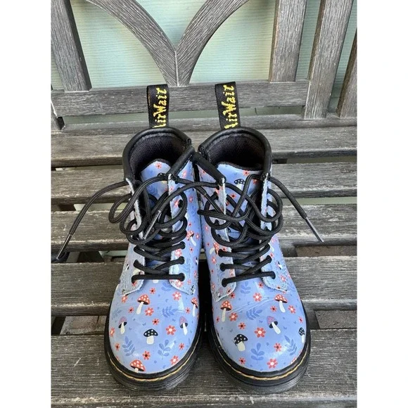 Dr. Doc Martens Woodland Blue Floral Mushroom Bloom Lace Up Zip Boots Kids US 8