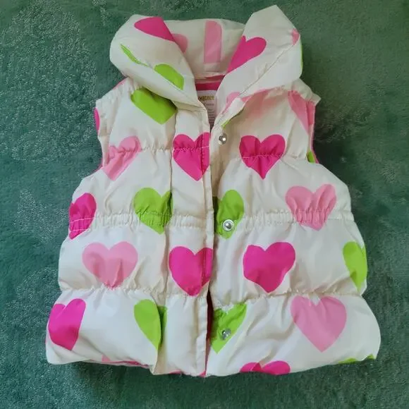 Gymboree Size 6-12 Month Heart Puffer Winter Sleeveless Vest Pink Green White