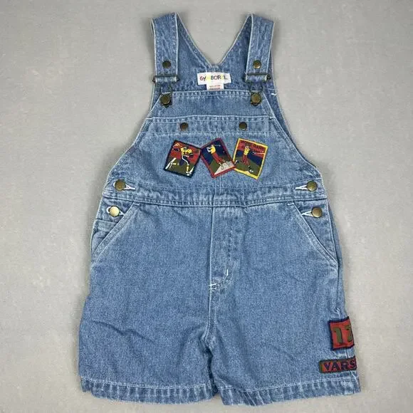 Vintage Gymboree Denim Golf Sport Patches Overall Shorts Size Small Rainbow Tag