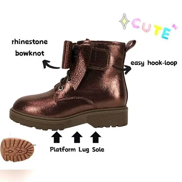 (7-4312)  ZBY Girls Glitter Ankle Boots Platform Rhinestone Bowtie Sz 4