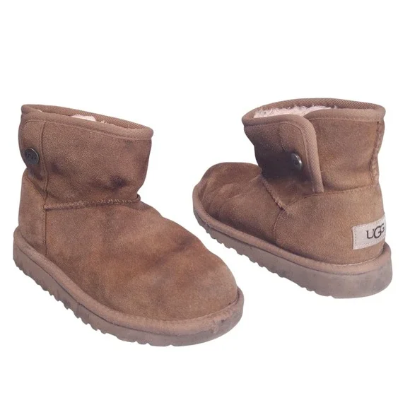 UGG Jona Chestnut Suede Shearling Mini Boots Side Snap Button Youth‎ Sz 2 --Read