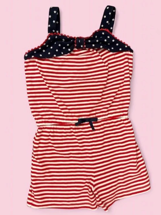Gymboree Red & White Striped Star Print Bow Detail Knit Romper Girls Size 10