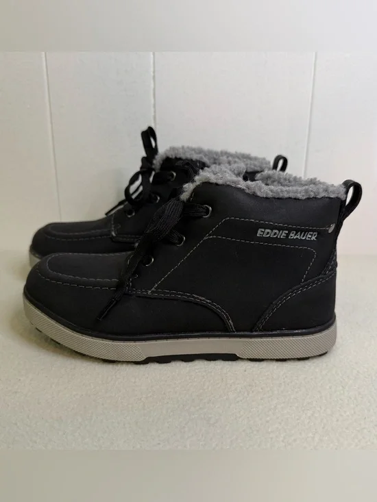 Eddie Bauer Kids' Maddox Black Winter Lace-Up Side Zip Boots with Gray Faux Fur