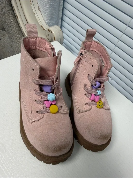 Carter's Pink Suede Lace-Up Kids Boots with Colorful Charm Beads