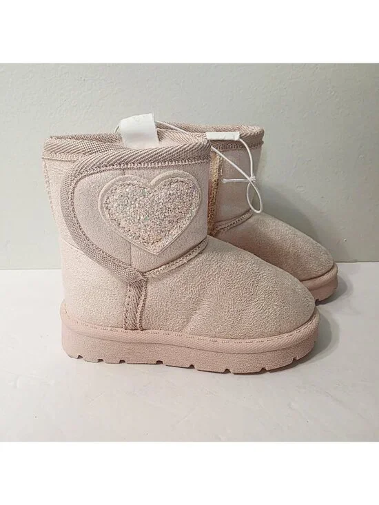 Toddler Infant Girls Pink Suede Faux Fur Sparkle Heart Sz 6M Slip on Boots