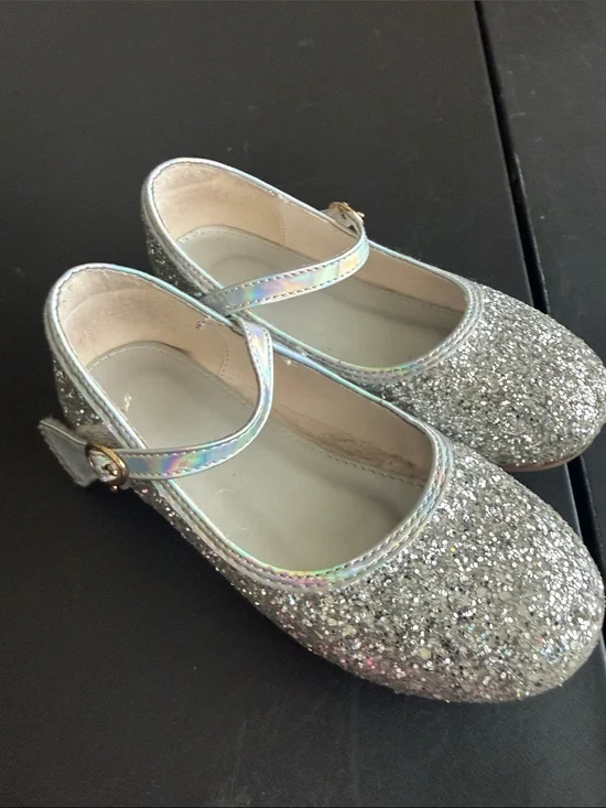Silver Glitter Mary Jane Shoes for Kids with Holographic Strap
