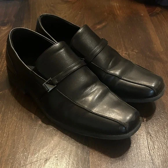 Perry Ellis Lucas Dress Shoes Kids Sz 7 Black Scuffed Square Toe Loafers Classic