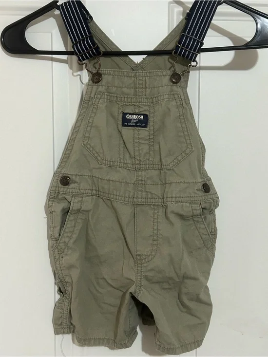 OshKosh B'gosh Olive Green Short Overalls with Navy Striped Straps