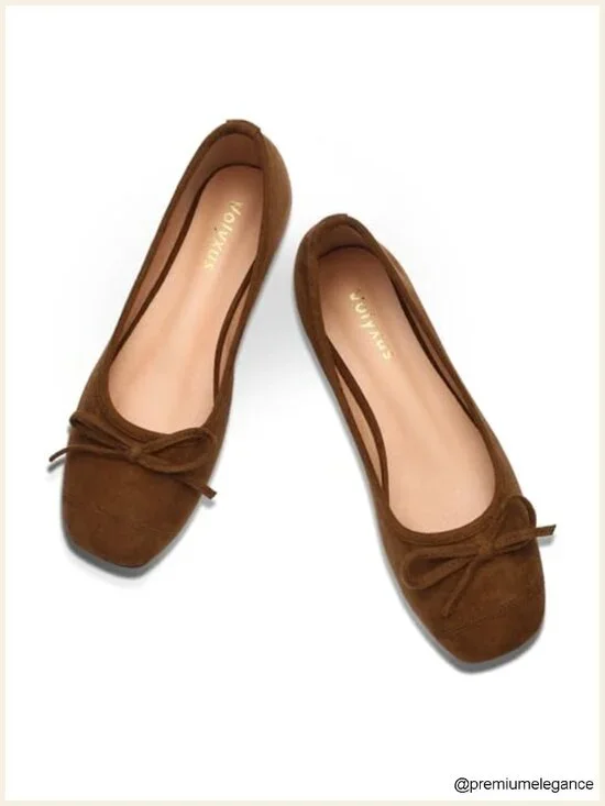 Faux Suede Bow Ballet Flats Cap Toe Slip On Comfort Square Toe Dressy Shoes