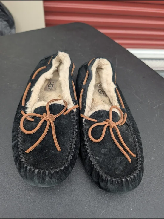 UGG Black Suede Shearling Moccasin Slippers with Chestnut Trim