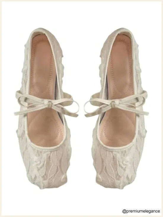 Women's Lace Mesh Ballet Flats Bowknot Square Toe Slip On Dress Shoes