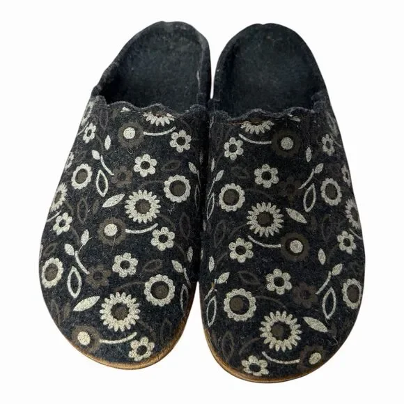 Floral Comfort Clogs Slip On Mule Shoes Blue Charcoal Wool Blend Sz 9 EURO 39