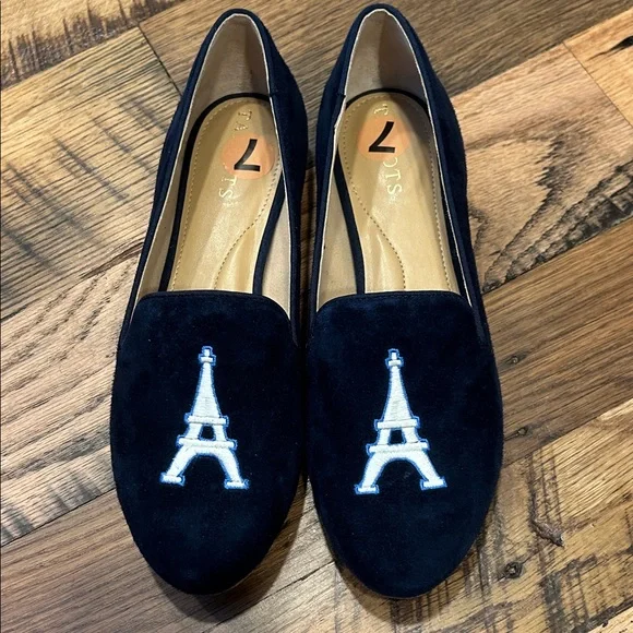Talbots navy suede Loafers with Eiffel Tower Embroidery