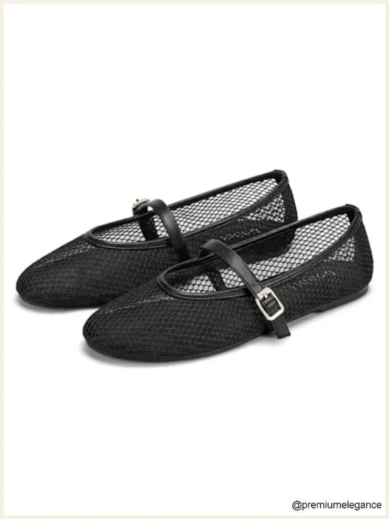 Double-Layer Mesh Ballet Flats with Mary Jane Buckle, Cushioned Latex Insole,