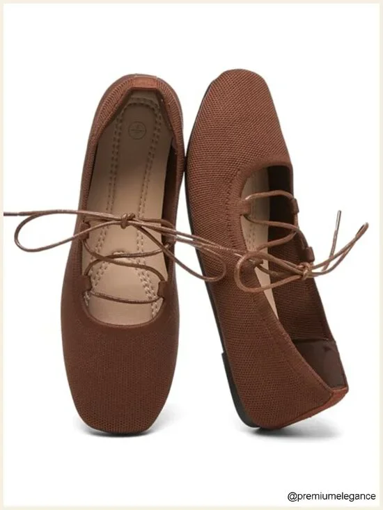 Lace Up Mary Jane Ballet Flats with Memory Foam Insole Wide Toe Square Toe Knit