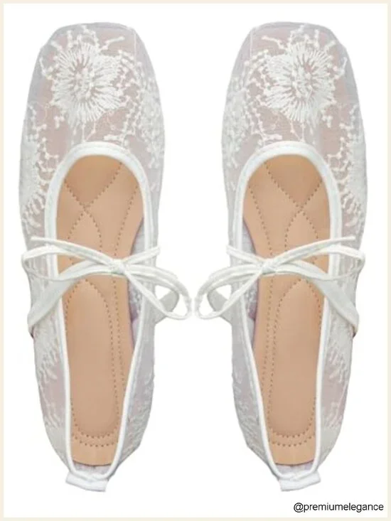 Embroidered Mesh Ballet Flats Bowknot Closed Toe Women's Dress Shoes