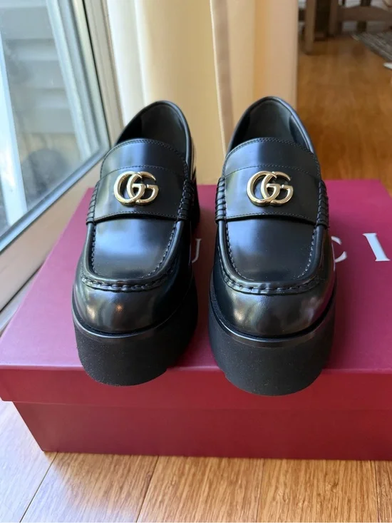 Gucci Black Leather Platform Loafers with Gold GG Hardware